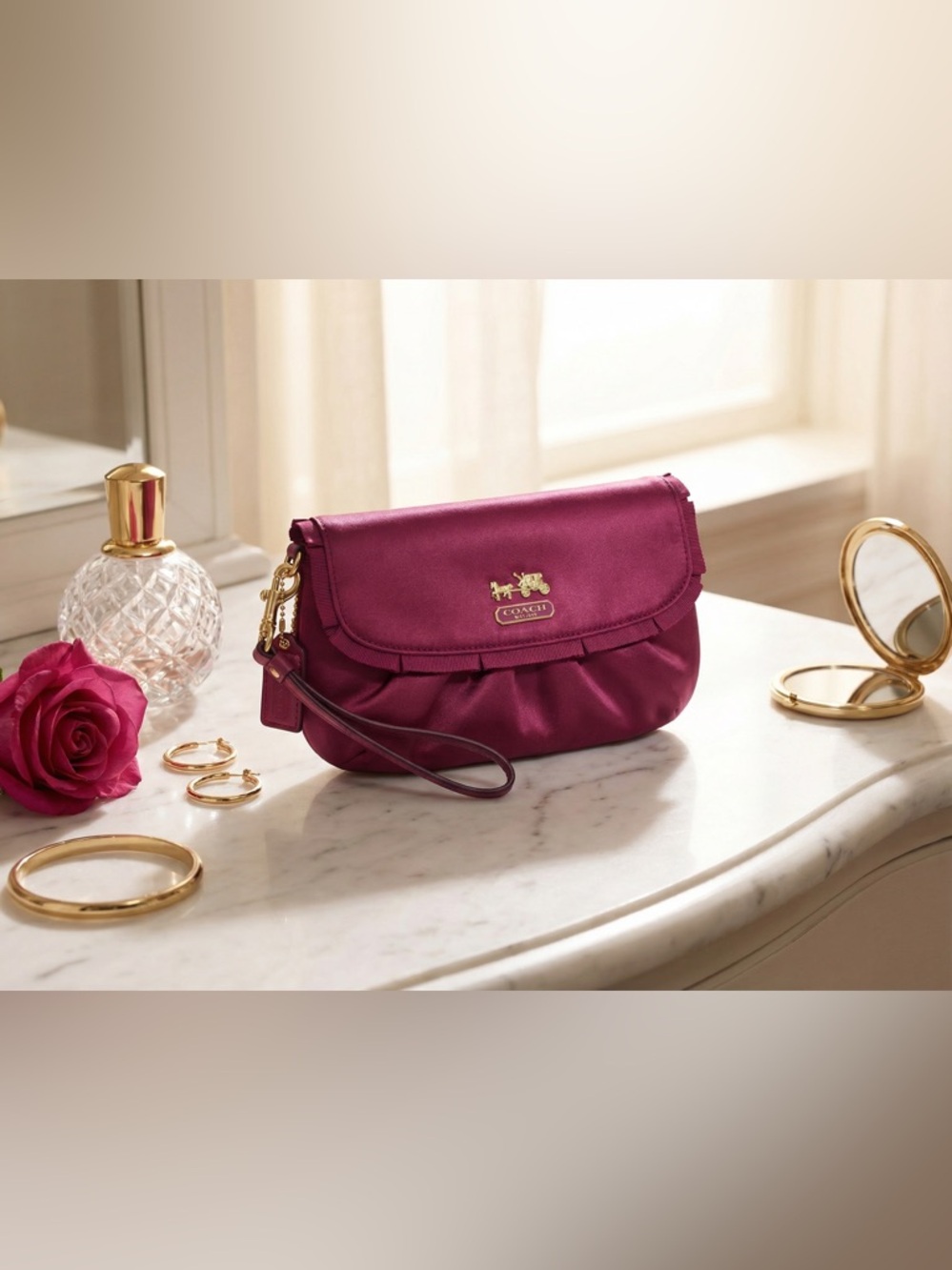 Coach Satin Magenta Wristlet Clutch | Gold Logo | Zip Pouch - Picture 3 of 13
